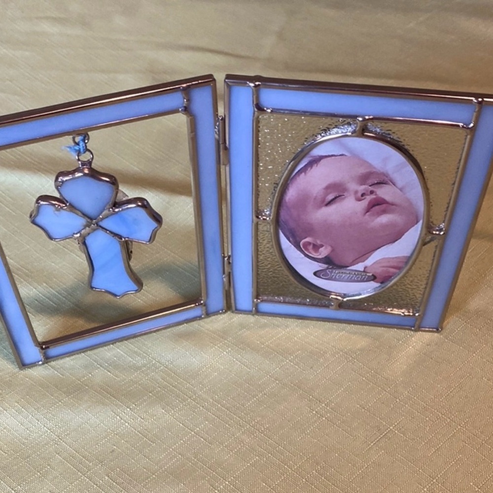 Blue and Silver stain Double Picture Frame with Cross